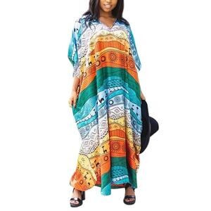 Winlar Rainbow Abstract Stripe Satin Summer Cover Up Kaftan Maxi Dress Free Size